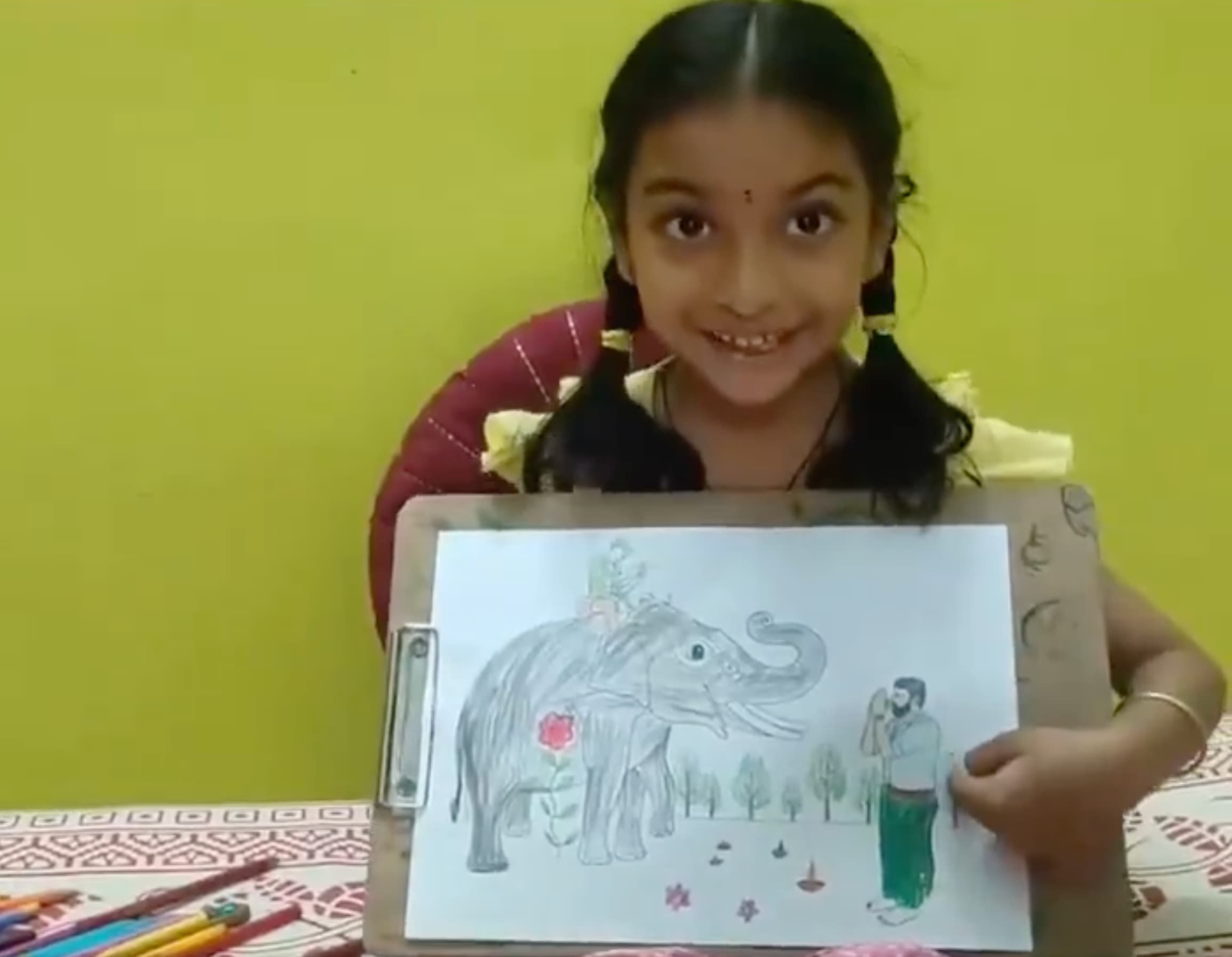 Child's painting of an elephant blessing Pawan Kalyan's Kumki programme