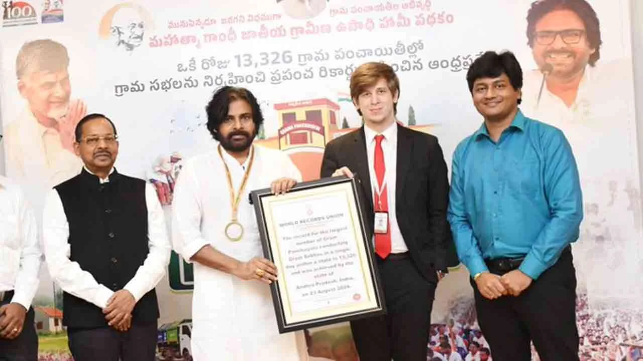 World Records Union certificate awarded to Andhra Pradesh for the largest single-day Gram Sabha mobilisation, presented to Deputy CM Pawan Kalyan on 23 August 2024