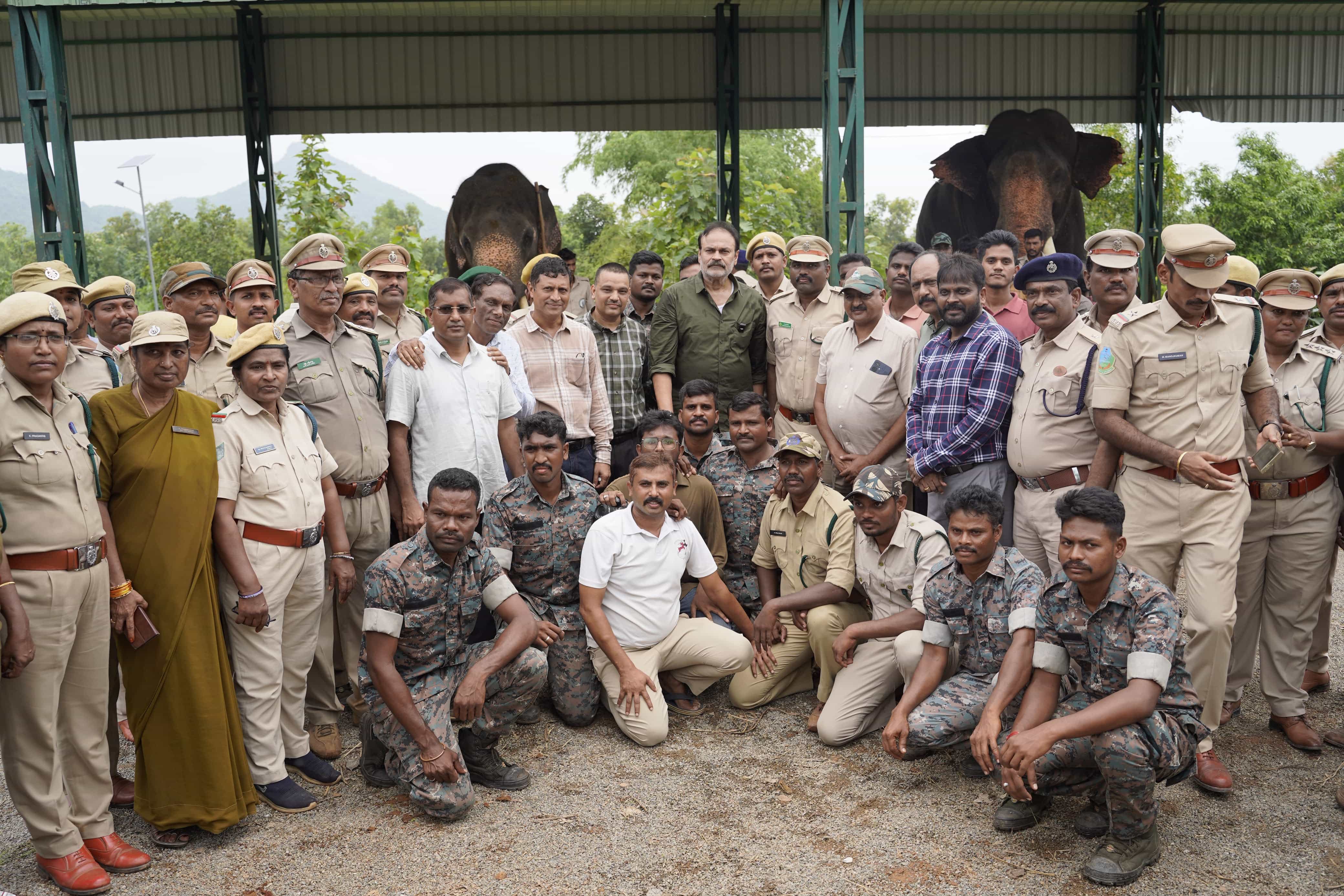 Naga Babu with a kumki elephant at the Gucchi Elephant Conservation Centre, Parvathipuram Manyam district