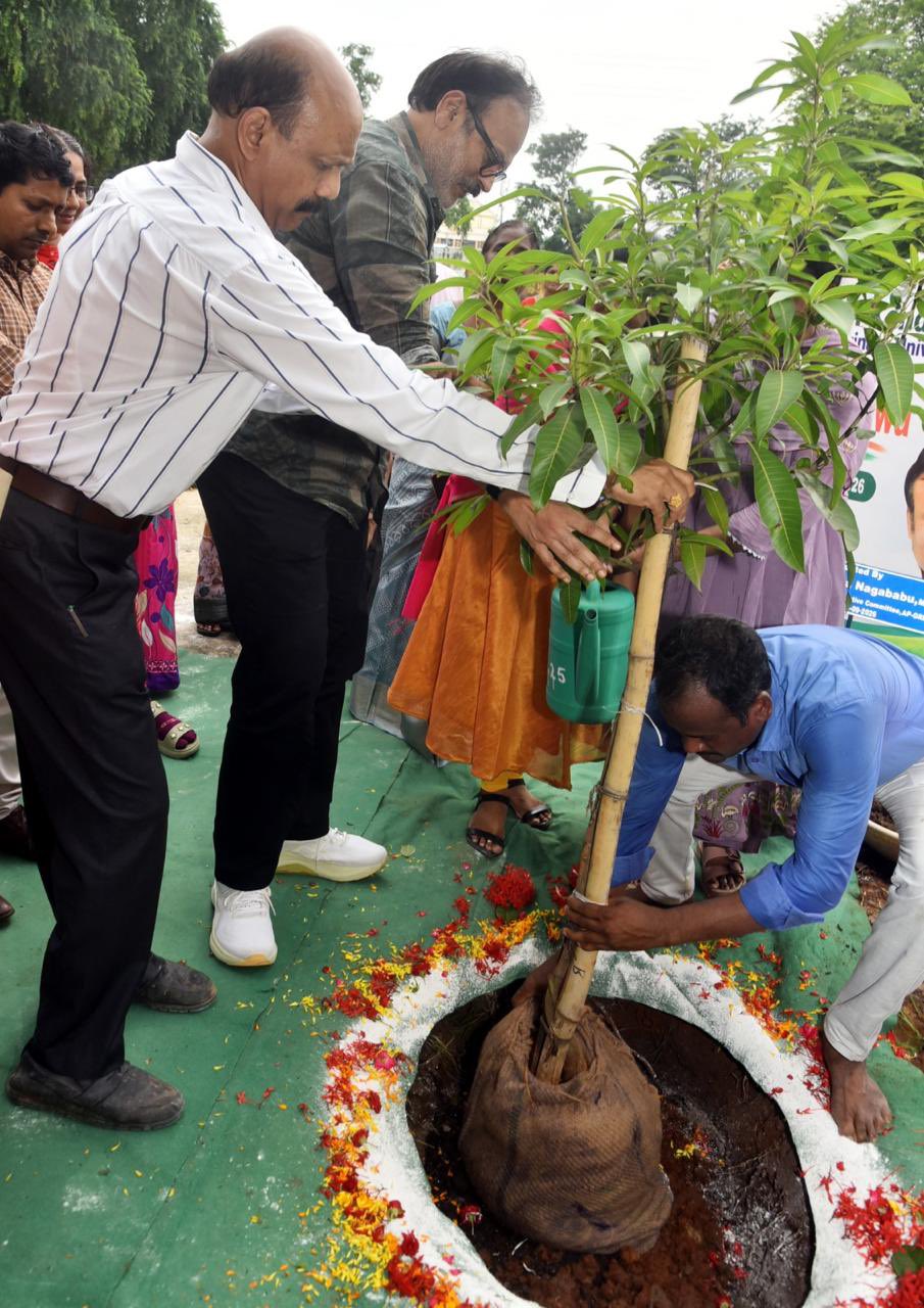 Naga Babu reviewing the nursery and sapling stock at Krishi Vigyan Kendra, Lam, Guntur