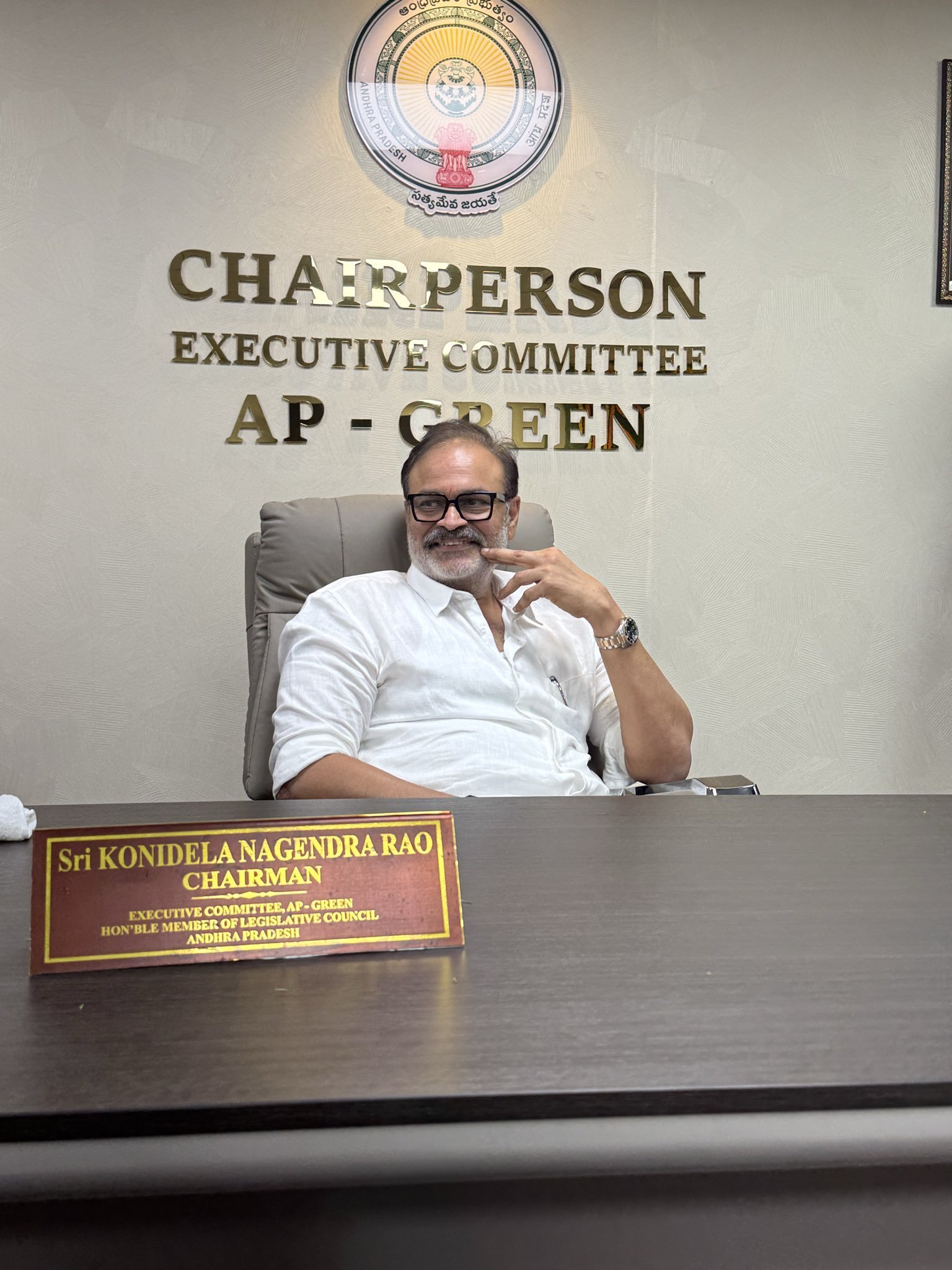 Naga Babu (Konidela Nagendra Rao), Chairman of the AP Green Executive Committee, at the Chairperson's desk