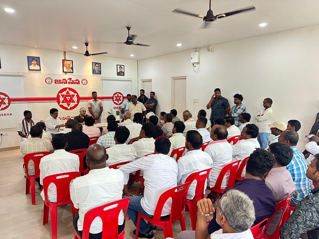 Chodavaram sugarcane farmers submitting their representation on pending dues to MLC Naga Babu