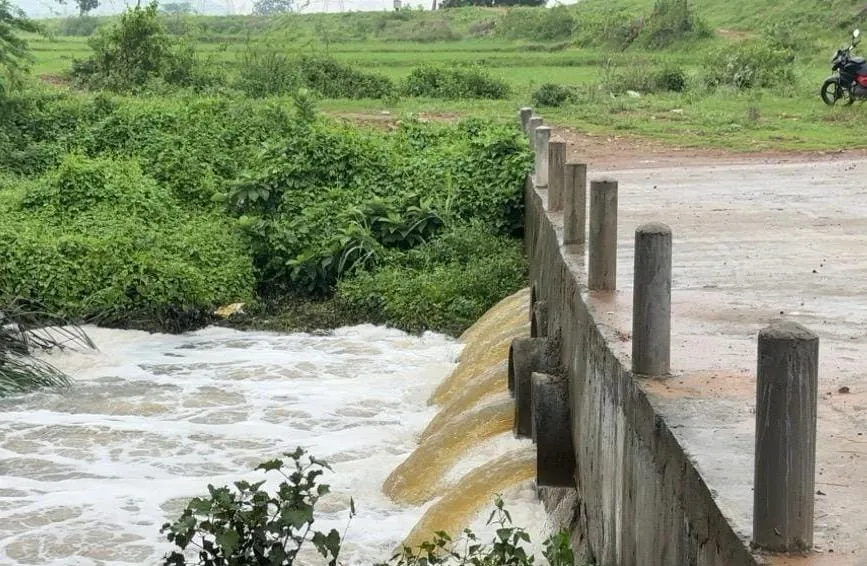 Foaming water flowing through a stormwater drain culvert near Parawada Pharma City, Anakapalli district