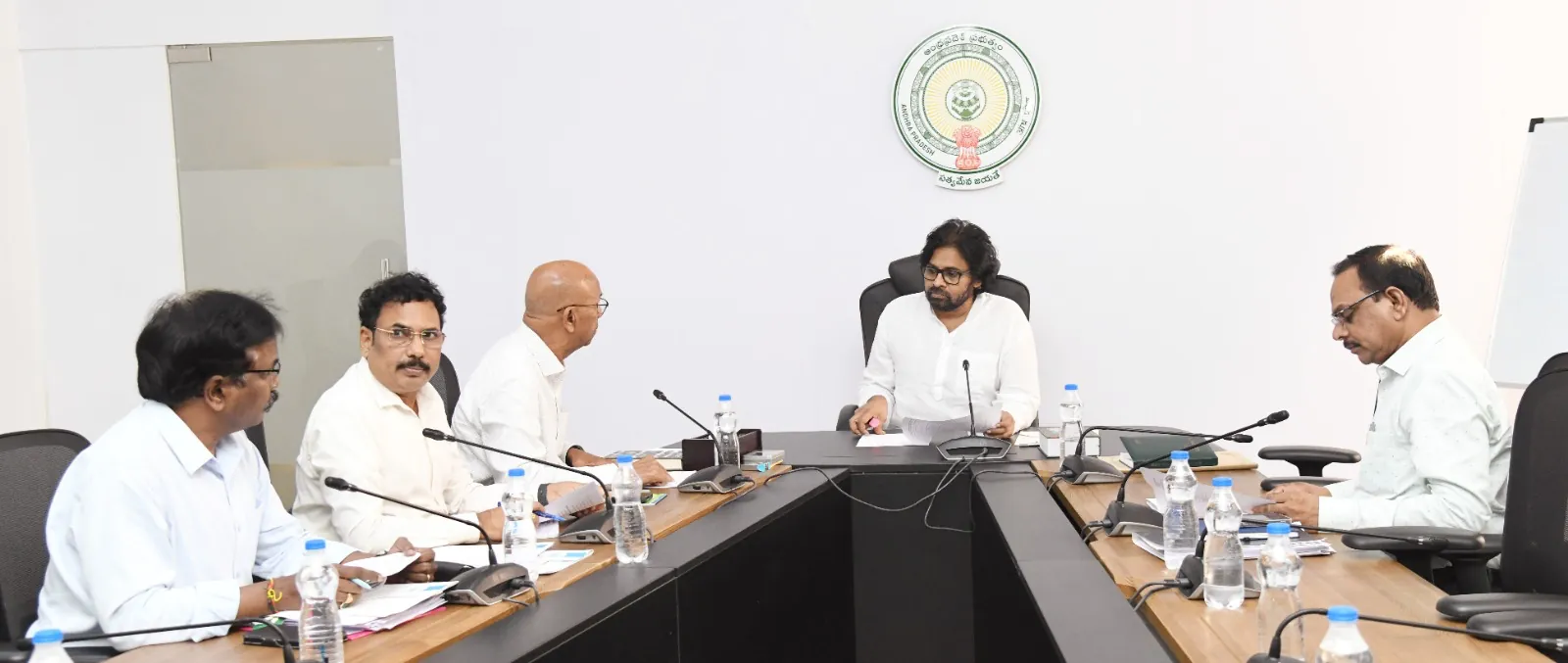 Deputy CM Pawan Kalyan meeting AP Pollution Control Board officials at the Mangalagiri camp office