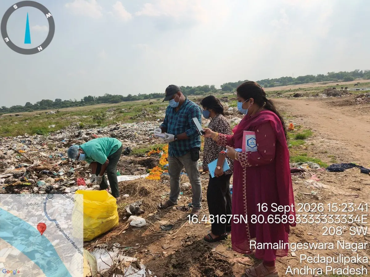 APPCB team collecting dumped expired medicines on the Krishna riverbank at Pedapulipaka, 16 September 2026